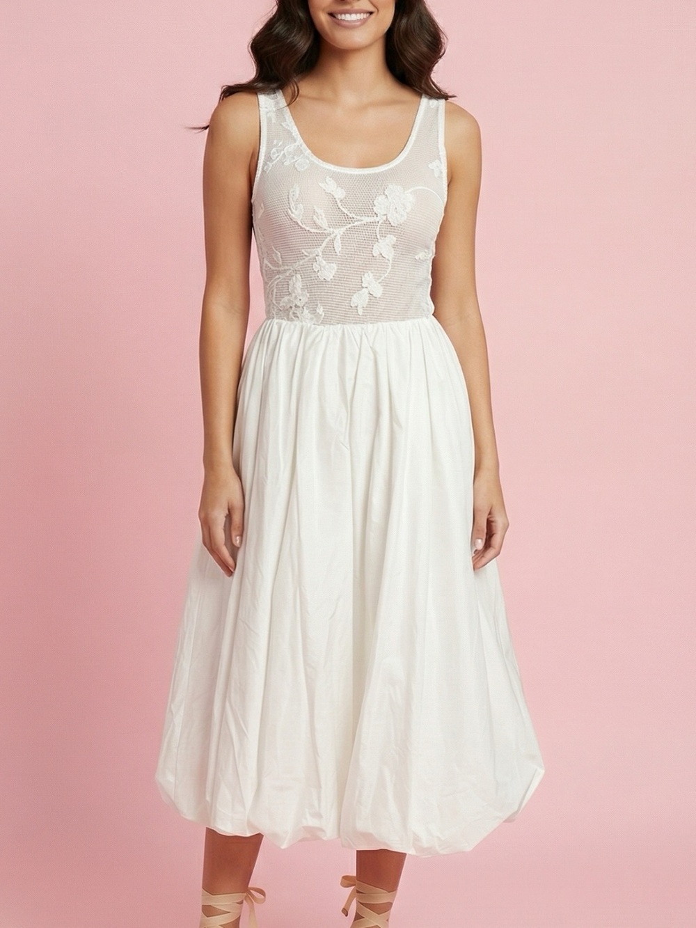 NWT White Floral Midi Lined Dress Sz S